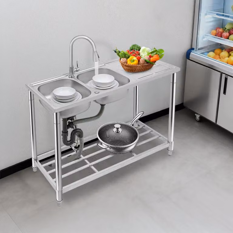 Lavello da appoggio - Doppio lavello - Con rubinetteria - Rettangolare - Acciaio inox - 1 foro -