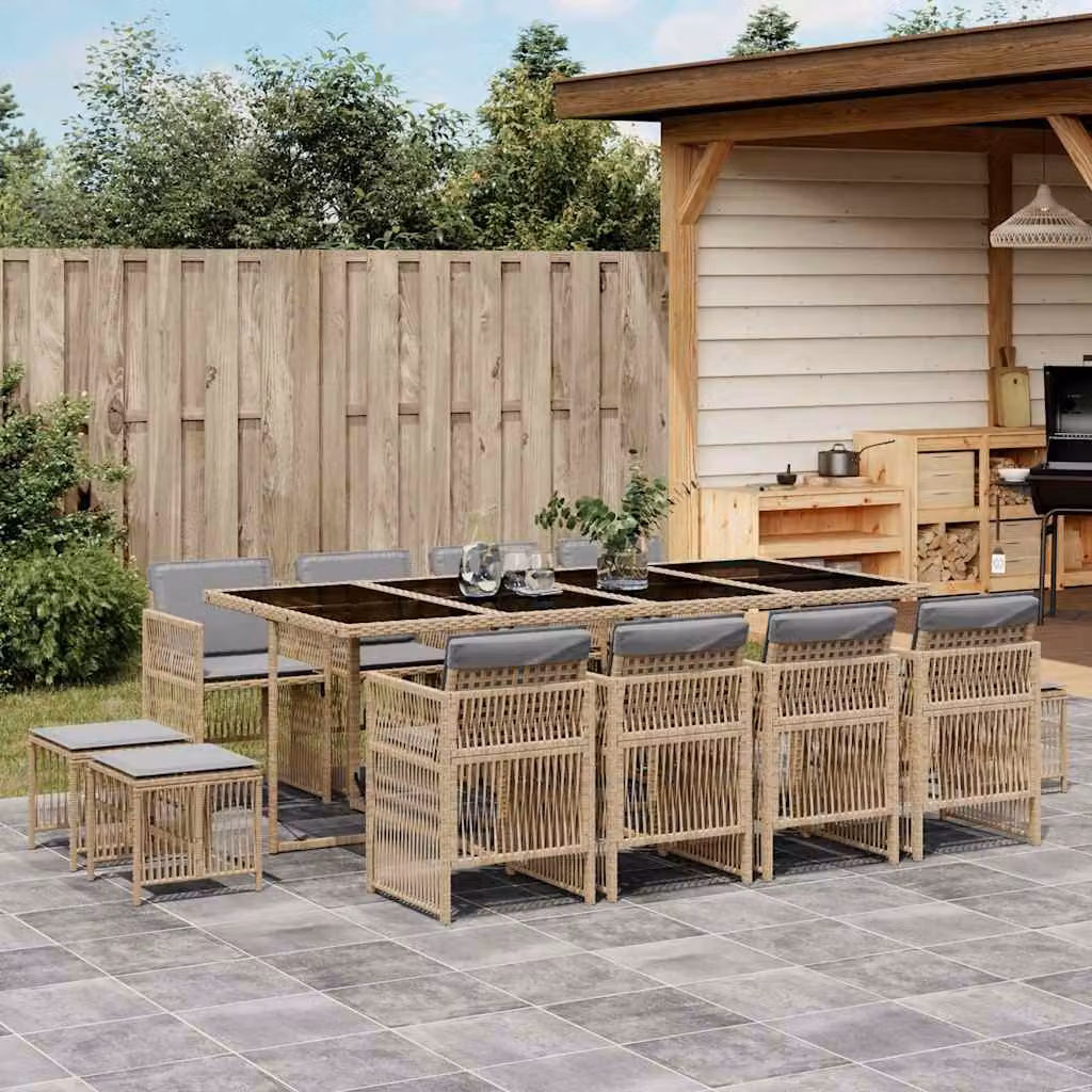 Set Pranzo da Giardino vidaXL 13 pz in Polyrattan con Cuscini Beige e Piano in Vetro – 1