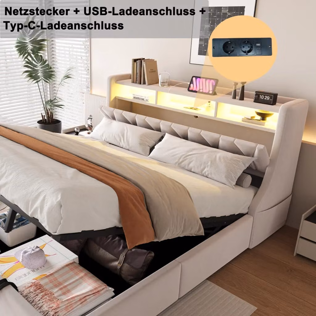 Letto Contenitore REDOM in Velluto Beige con LED, Prese USB e Type-C, L/P: 180 x 200 cm – 2