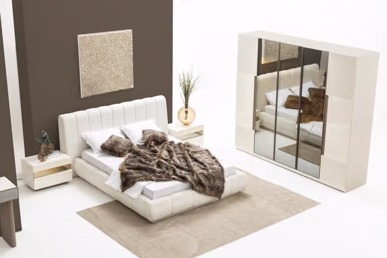 Elegante set da camera da letto in 4 pezzi color beige – letto e armadio
