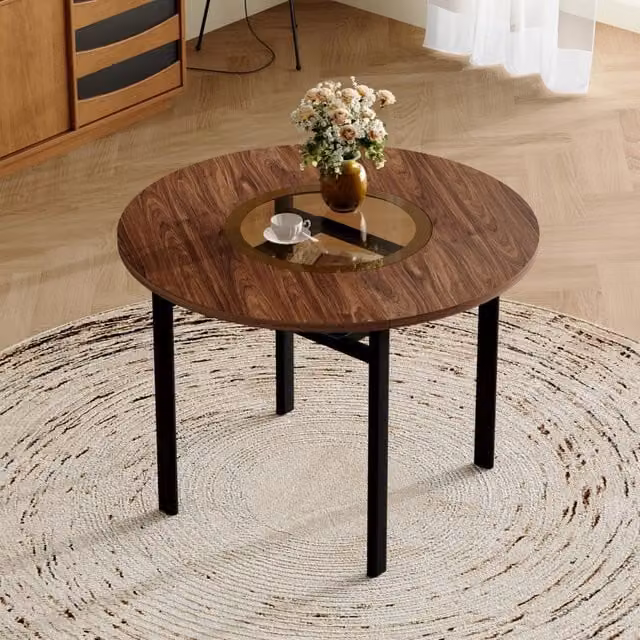 Tavolo da pranzo rotondo Mivray in MDF con inserto in vetro e ripiano inferiore, colore marrone e nero, Diametro: 100 cm