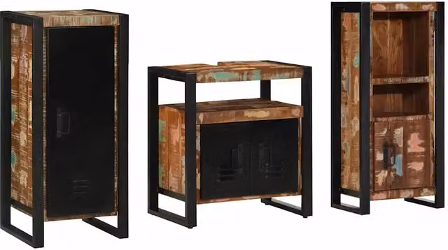 Set di mobili per il bagno moderno vidaXL in legno e metallo multicolore e nero composto da mobile lavabo, mobile laterale e pensile a parete