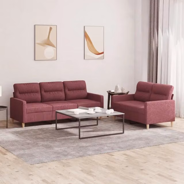 Set di Divani 2 pz con Cuscini Rosso Vino in Tessuto 3201606