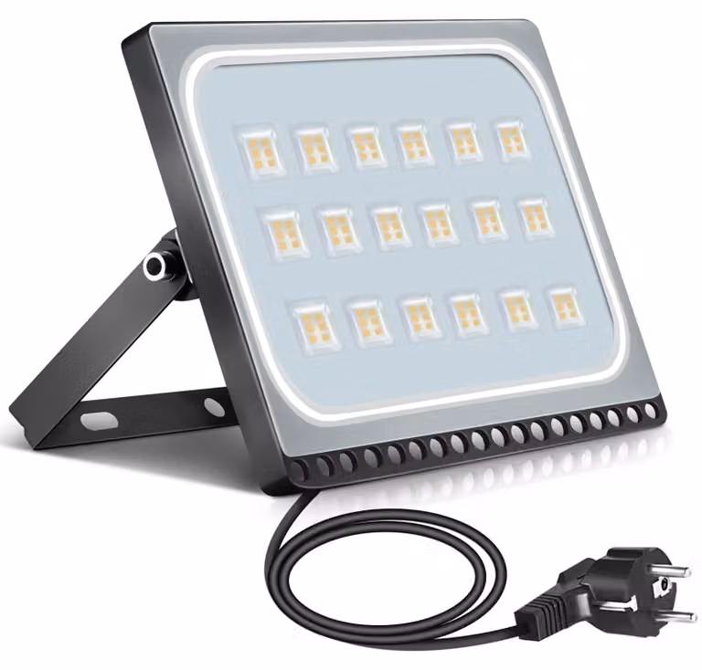 Faretto LED da 100 W, grado di protezione IP65, luce bianco caldo, 3000 K, con spina, per uso esterno