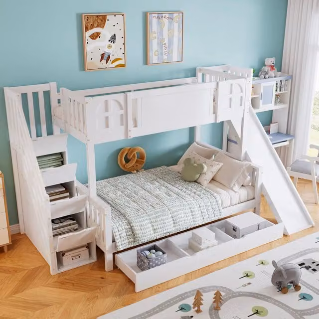 Letto a castello 90 × 200 cm e 120 × 200 cm, scala con 4 vani, cassetto e scivolo, senza materasso, bianco