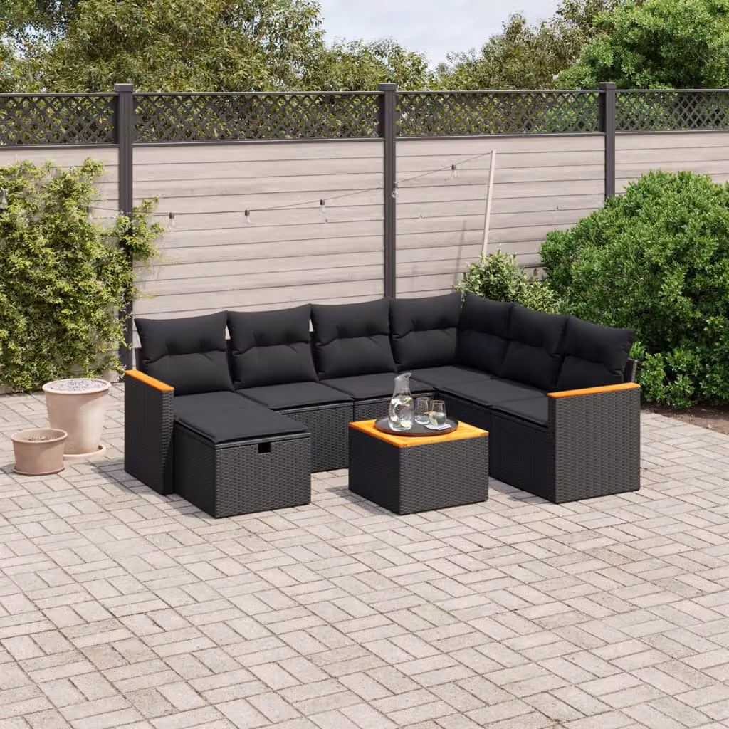 vidaXL Set Divani da Giardino a L con Cuscini 8 pz Nero in Polyrattan e Acciaio – 1