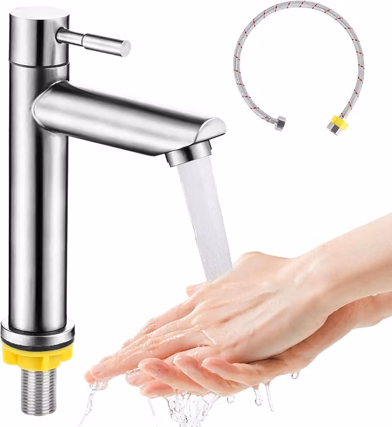 Staal - Miscelatore per lavabo - Acqua fredda - Rubinetto per lavabo da bagno - Miscelatore monocomando con tubo di collegamento da 60 cm per ospiti - WC
