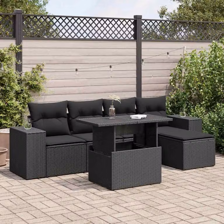 Set Divano da Giardino vidaXL 6 Pezzi in Polyrattan Nero con Cuscini e Tavolino da Esterno