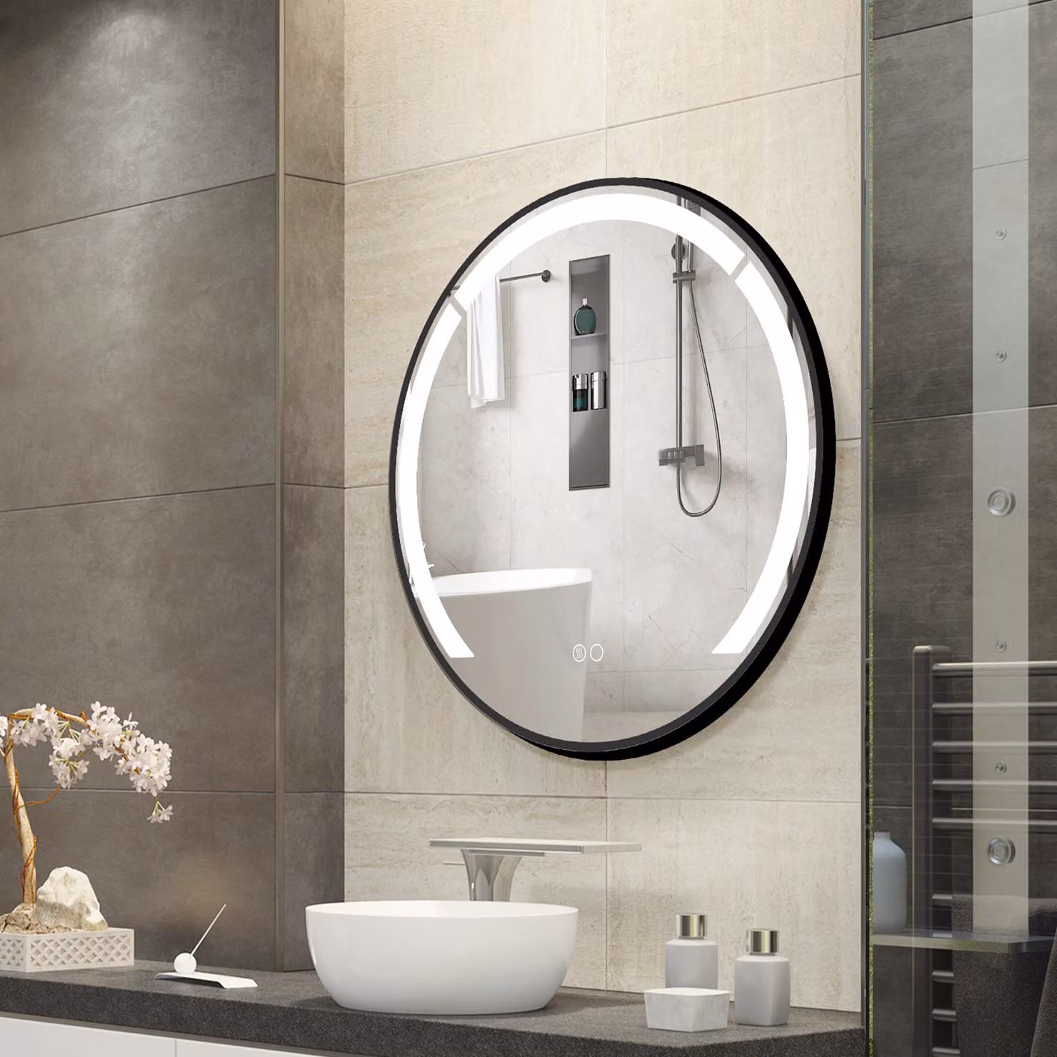 Specchio da bagno rotondo Costway con LED, cornice in alluminio e funzione antifog, luminosità regolabile e touch switch, Diametro: 60 cm