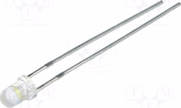 2 LED a montaggio superficiale (THT) da 3 mm, modello LL-304WC4B-W2-1PD, di colore bianco freddo, con una luminosità di 2000÷3000 mcd e un angolo di emissione di 20°