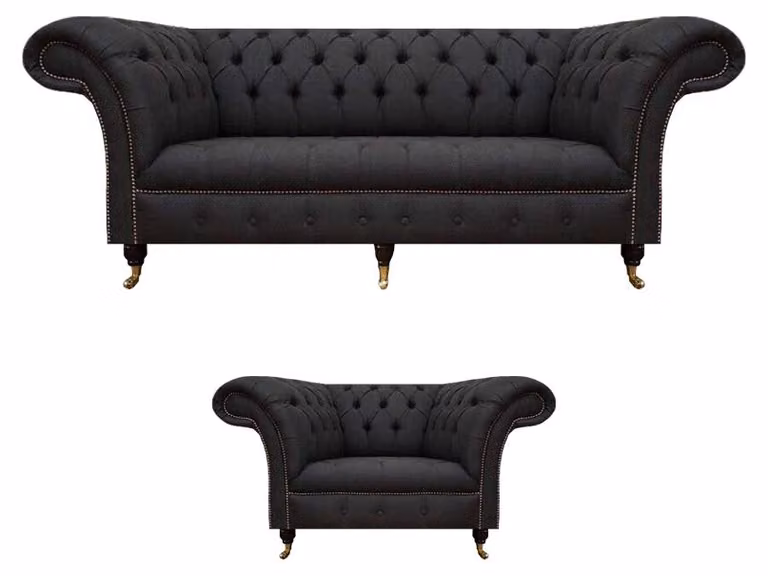 Chesterfield Schwarze Stoffgarnitur Designer 3-Sitzer Polstersessel 2tlg