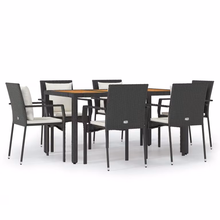 Set da Pranzo da Giardino 7 pz Nero con Cuscini in Polyrattan