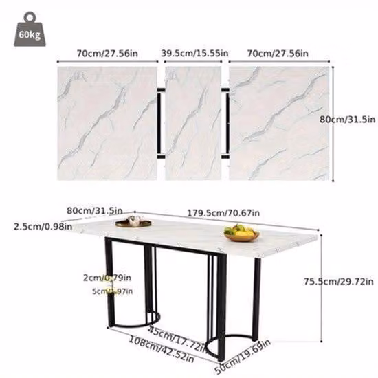 Tavolo allungabile per la sala da pranzo – 140-180x80 cm – Struttura metallica – Bianco/Nero – Salvaspazio – Rettangolare