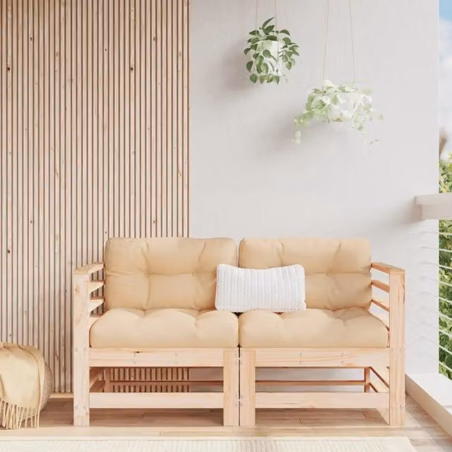 Divano componibile angolare da giardino in legno massello di pino beige con cuscini DESIGN IN
