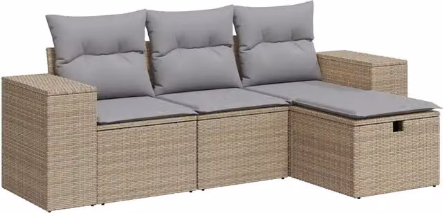 Set Divano da Giardino 4 pz | Set Salotto da Giardino con Cuscini Beige in Polyrattan