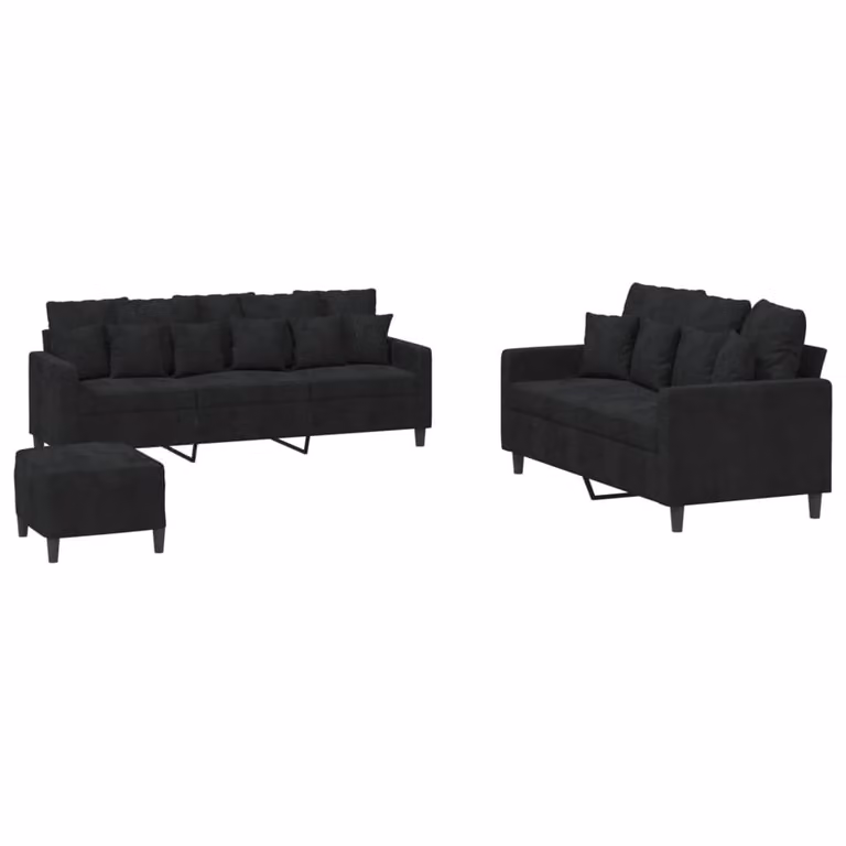 Set di Divani 3 pz con Cuscini Nero in Velluto