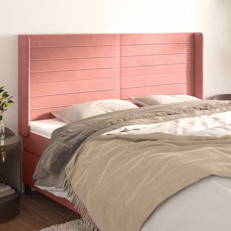 Testiera ad orecchio vidaXL in velluto rosa con struttura in legno e MDF L: 203 cm, P: 16 cm, H: 118/128 cm