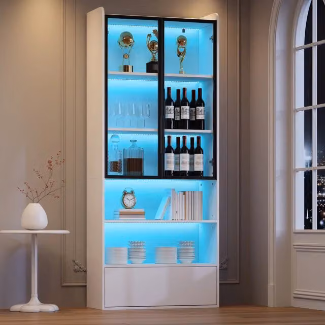 Vetrina 80x34x180 cm con illuminazione LED controllabile tramite app in MDF e vetro bianco