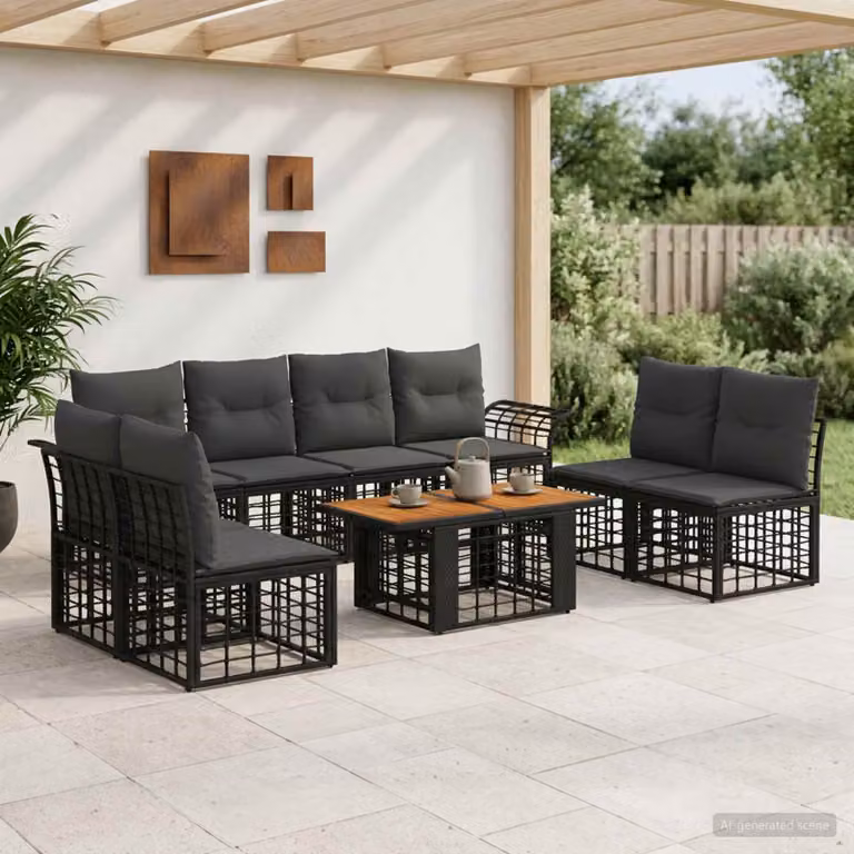 Set Divano da Giardino vidaXL 9 Pezzi a Forma di U con Tavolino e Cuscini, Colore Nero e Grigio