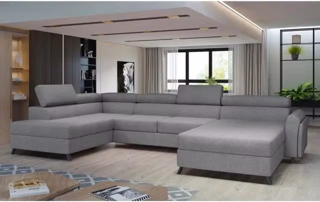 Divano panoramico a U Grigio MEUBLORAMA con funzione letto, poggiatesta regolabile e angolo sinistro