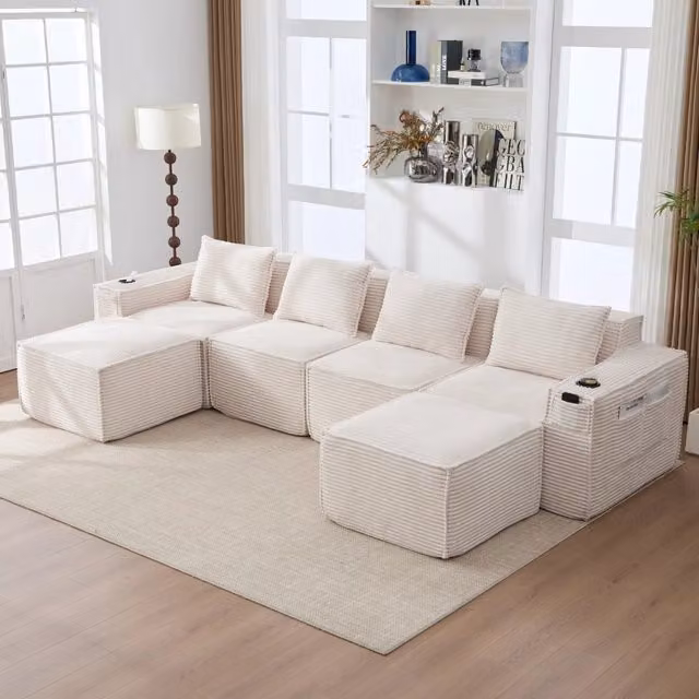 Divano modulare 330x162x75 cm con portabicchieri e tasche in velluto a coste beige
