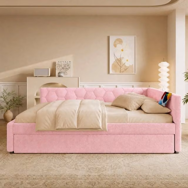 Letto Mivray con letto estraibile e rete a doghe in velluto rosa, dotato di lampada da comodino e porte USB/Type-C, L/P/H: 140 x 200 x 145 cm