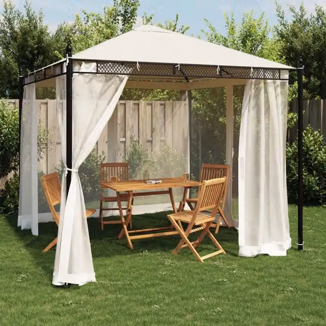 Gazebo con Pareti in Rete Crema 2,93x2,93 m in Acciaio 368434