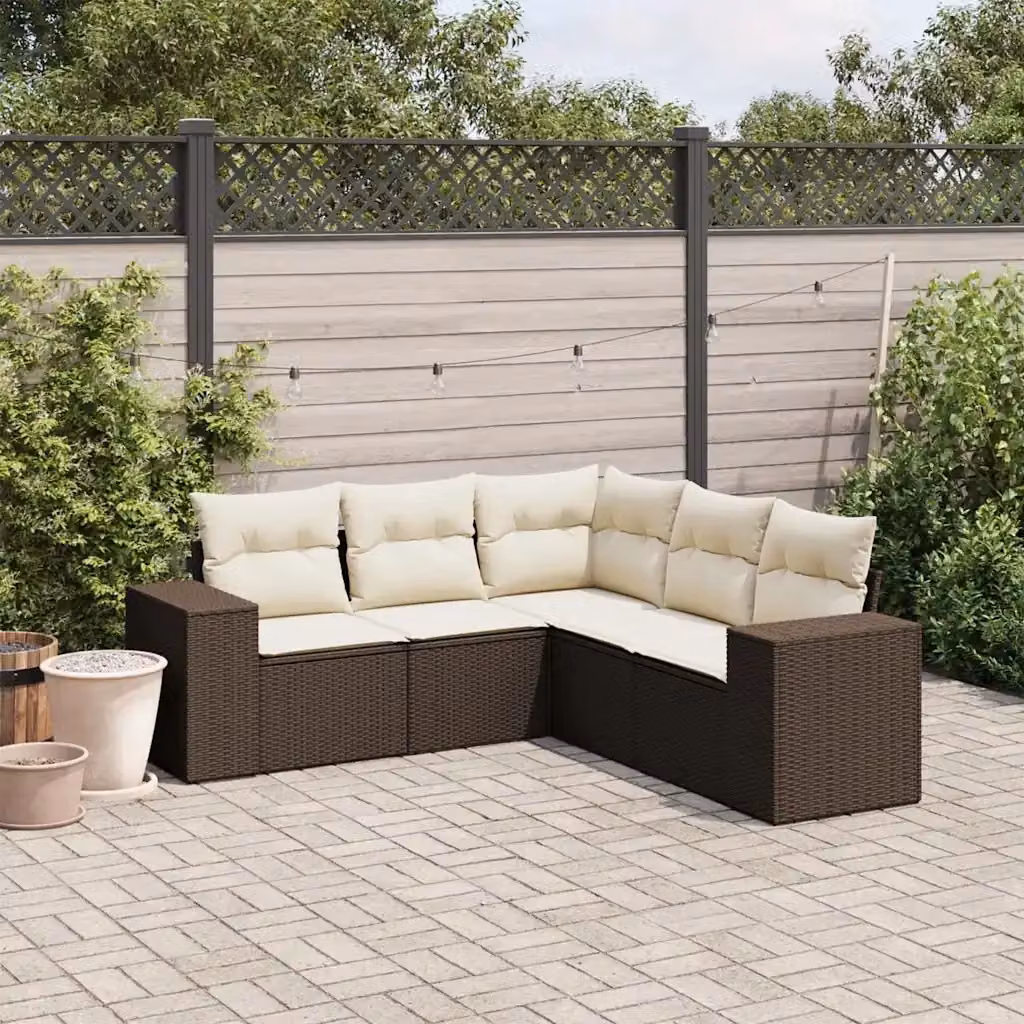 Set Divano da Giardino a L 5 pz DESIGN IN Marrone e Bianco con Cuscini in Polyrattan e Struttura in Acciaio Verniciato a Polvere – 2