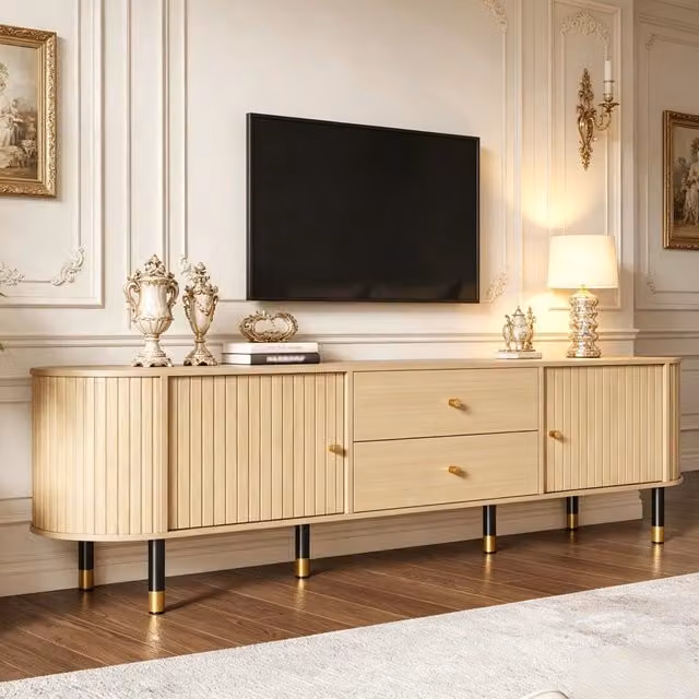 Mobile TV 180x40x58 cm, design ovale con ante scorrevoli e 2 cassetti, finitura effetto legno per soggiorno
