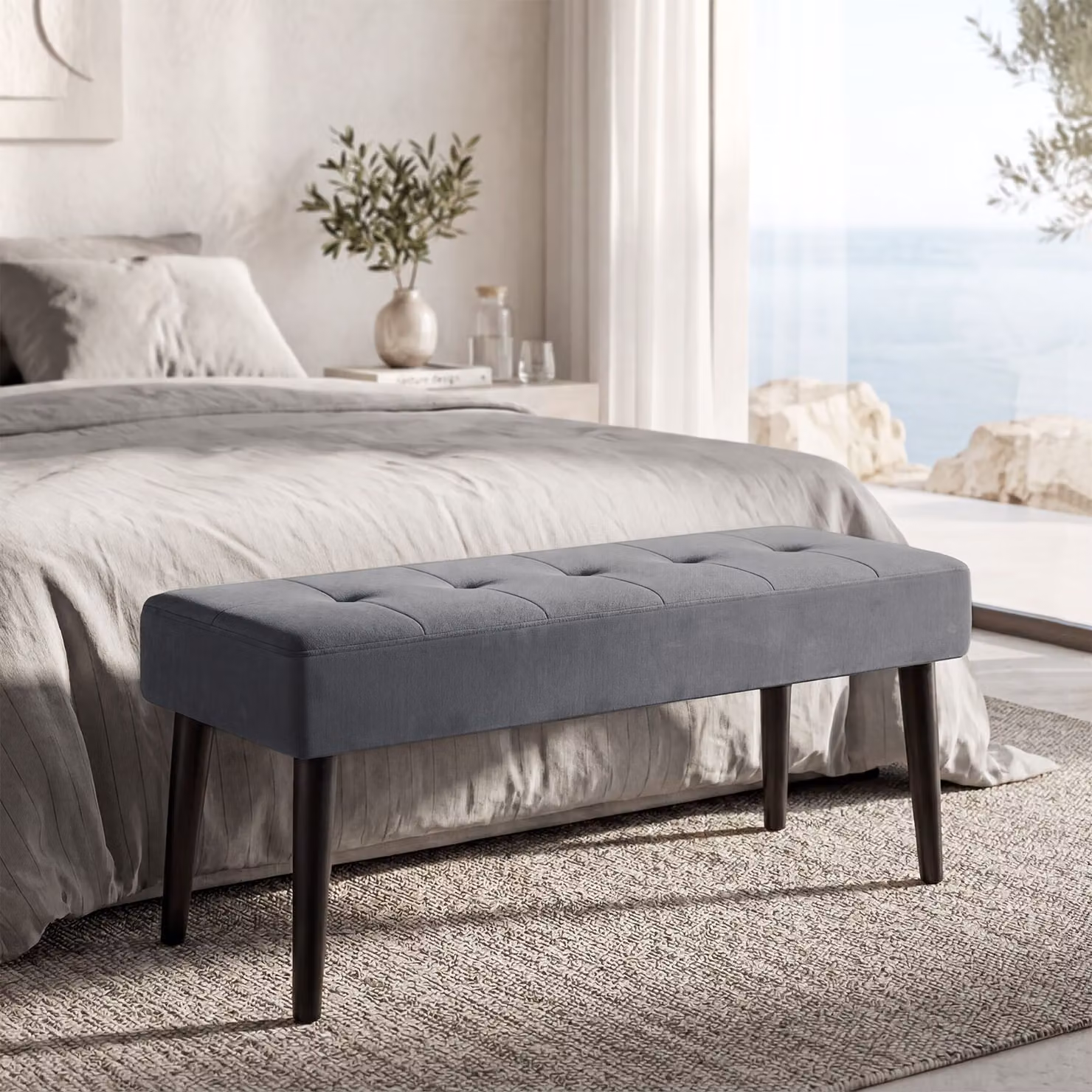 Panca Glora Tectake imbottita in velluto grigio con motivo trapuntato L: 120 cm, P: 38 cm, H: 45 cm – 1