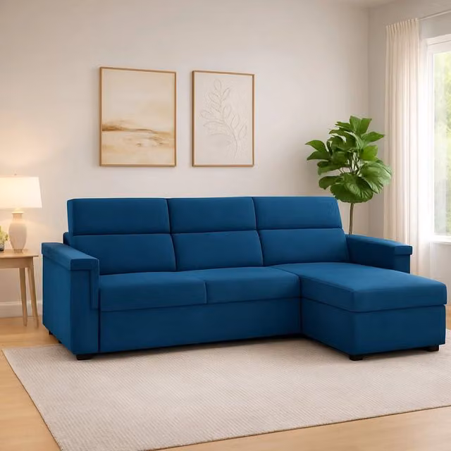 Divano angolare DMORA Cintano blu con penisola reversibile e coperture sfoderabili Made in Italy