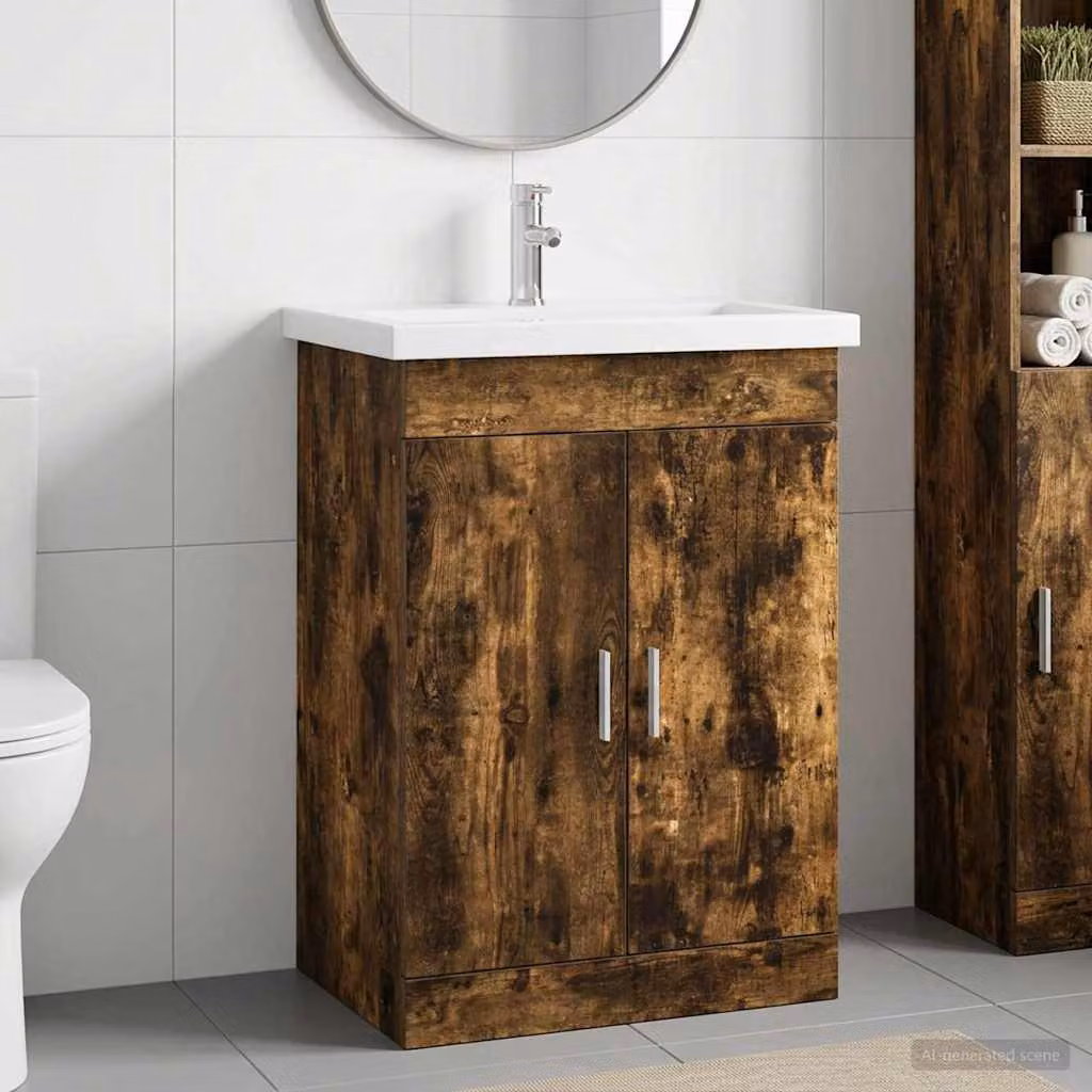 Set di mobili per il bagno moderni vidaXL in legno e MDF, colore rovere fumo e dettagli argento, L: 61 cm, P: 40 cm, H: 84,5 cm