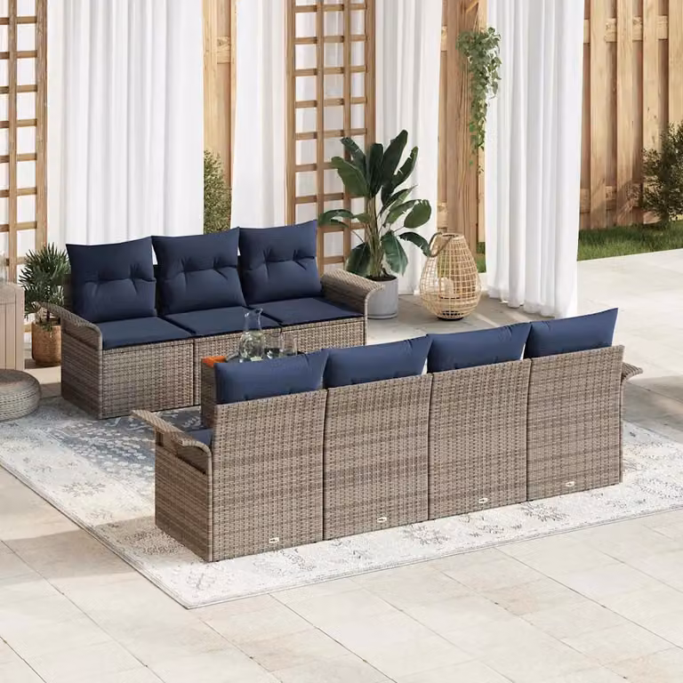 Set Divano da Giardino vidaXL 8 Pezzi Moderno in Polyrattan Grigio con Cuscini e Tavolino da Esterno