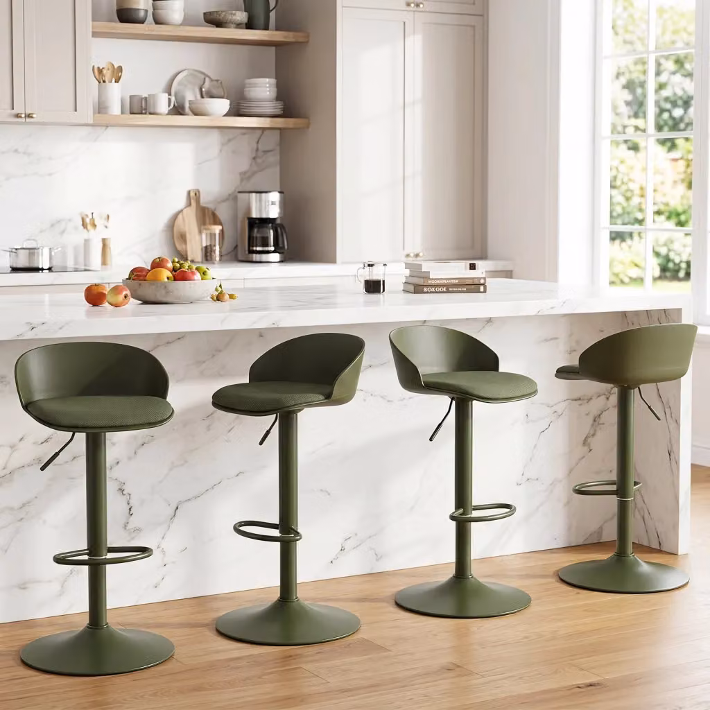 Set di 2 sgabelli da bar girevoli e regolabili in altezza con sedile imbottito e schienale, sedie da cucina moderne con poggiapiedi, colore verde e beige – 2