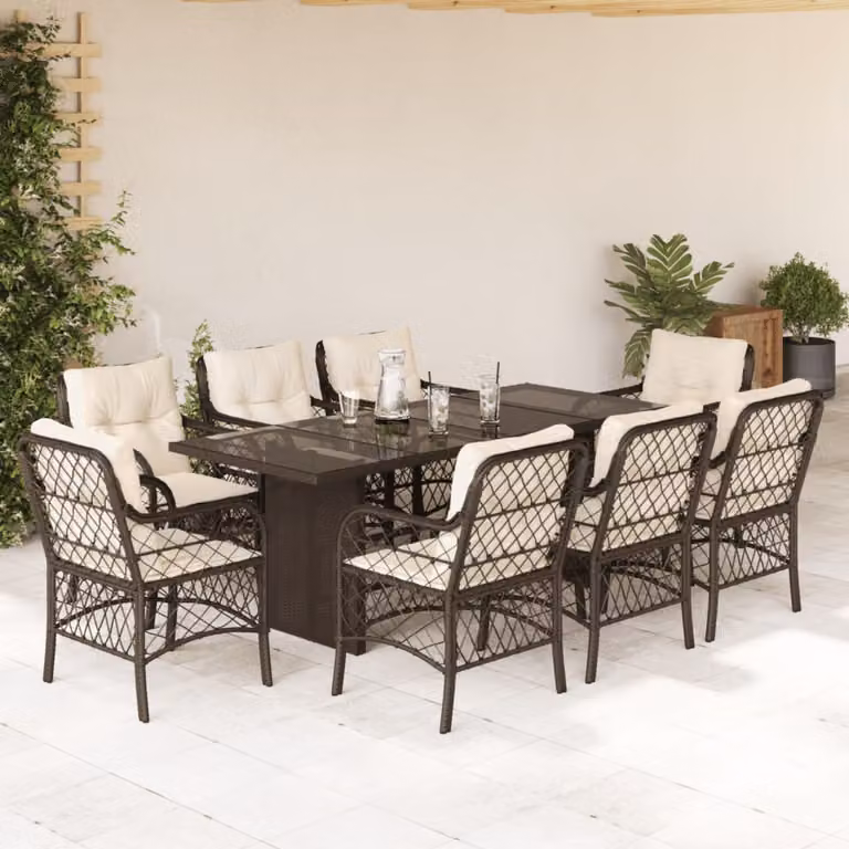 Set da Pranzo da Giardino vidaXL in Polyrattan Marrone con Cuscini Bianchi e Tavolo in Vetro, 9 Pezzi