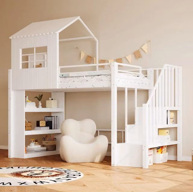 Letto a soppalco singolo Beaok in metallo e MDF con scala contenitore e scaffale laterale, bianco, 90 x 200 cm