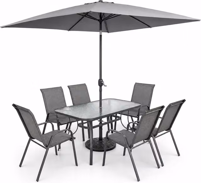Salotto Da Esterno Con Tavolo In Vetro Temperato 6 Posti A Sedere E Ombrellone Rettangolare Ideale Per Patio Cortile Dehors E Cene All Aperto Arredo Moderno 150 x 90 x 71 Cm Grigio