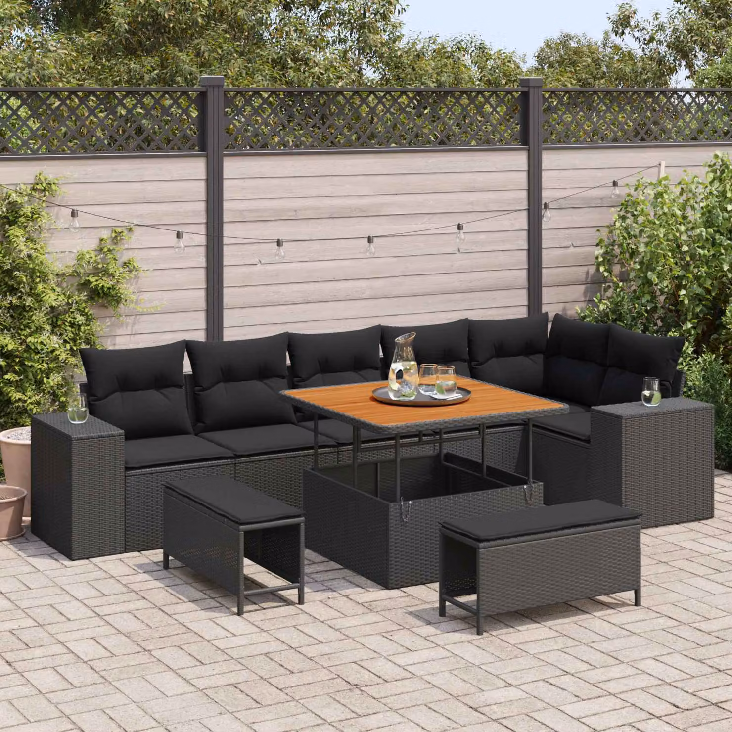 Set Divano da Giardino vidaXL 9 Pezzi Nero con Cuscini e Tavolino da Moderno in Polyrattan e Acciaio – 1
