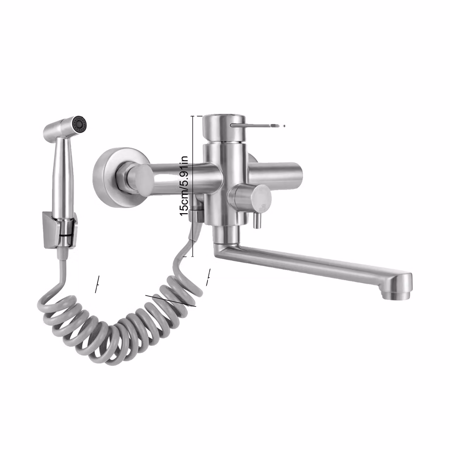 Rubinetto da cucina a parete, ruotabile a 360°, acciaio inox resistente, argento, G1/2