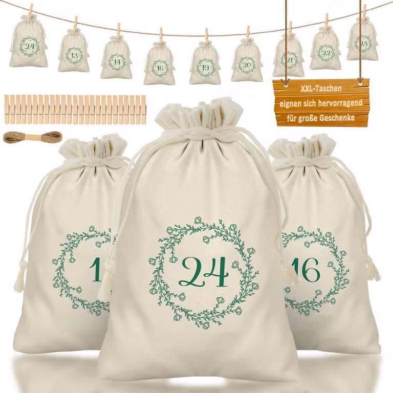 Calendario dell'Avvento da riempire, composto da 24 sacchetti in tessuto, disponibili in 2 dimensioni, completo di graffette e cordoncino, colore beige