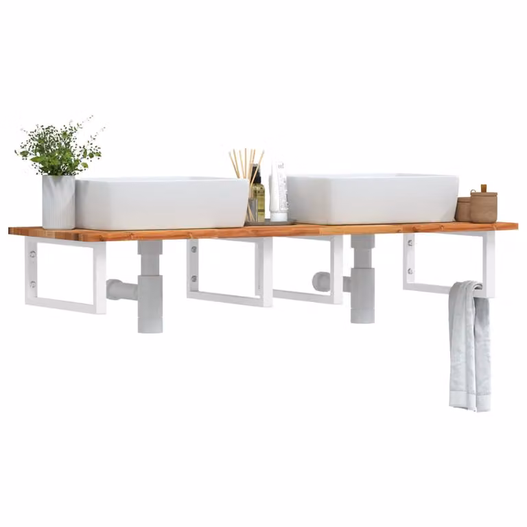vidaXL Ripiano a Parete per Lavabo in Accacia e Metallo, Moderno, Bianco e Marrone