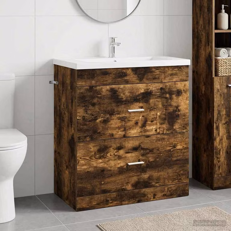 Mobiletto da bagno sottolavabo vidaXL in legno Rovere Fumo con cassetti, L: 78,5 cm, P: 37,5 cm, H: 81 cm