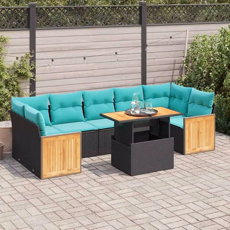Set di divani da giardino vidaXL in polyrattan e legno di acacia con cuscini, composizione a L con tavolino, colore nero e blu turchese