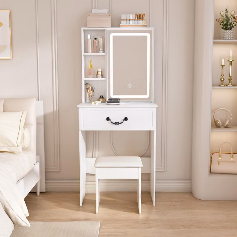 Set da toeletta moderno e minimalista con specchio a LED regolabile – Compatto con vano portaoggetti nascosto, sgabello imbottito incluso, bianco