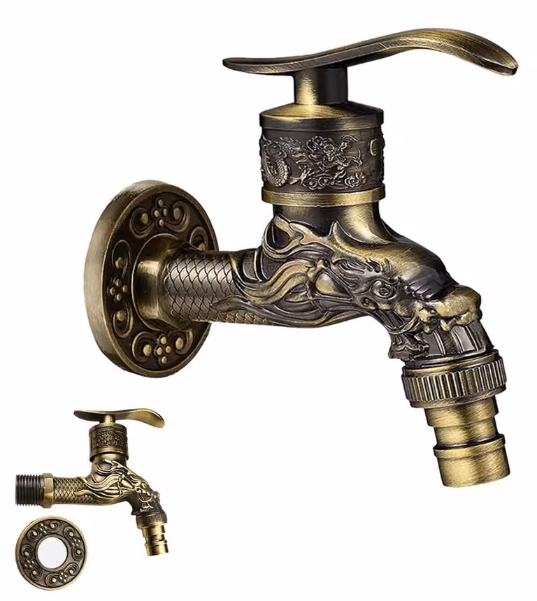 Rubinetto da giardino con motivo a drago, realizzato in lega di zinco, con finitura effetto ottone anticato, ideale per interni ed esterni, per casa, cucina, bagno e giardino