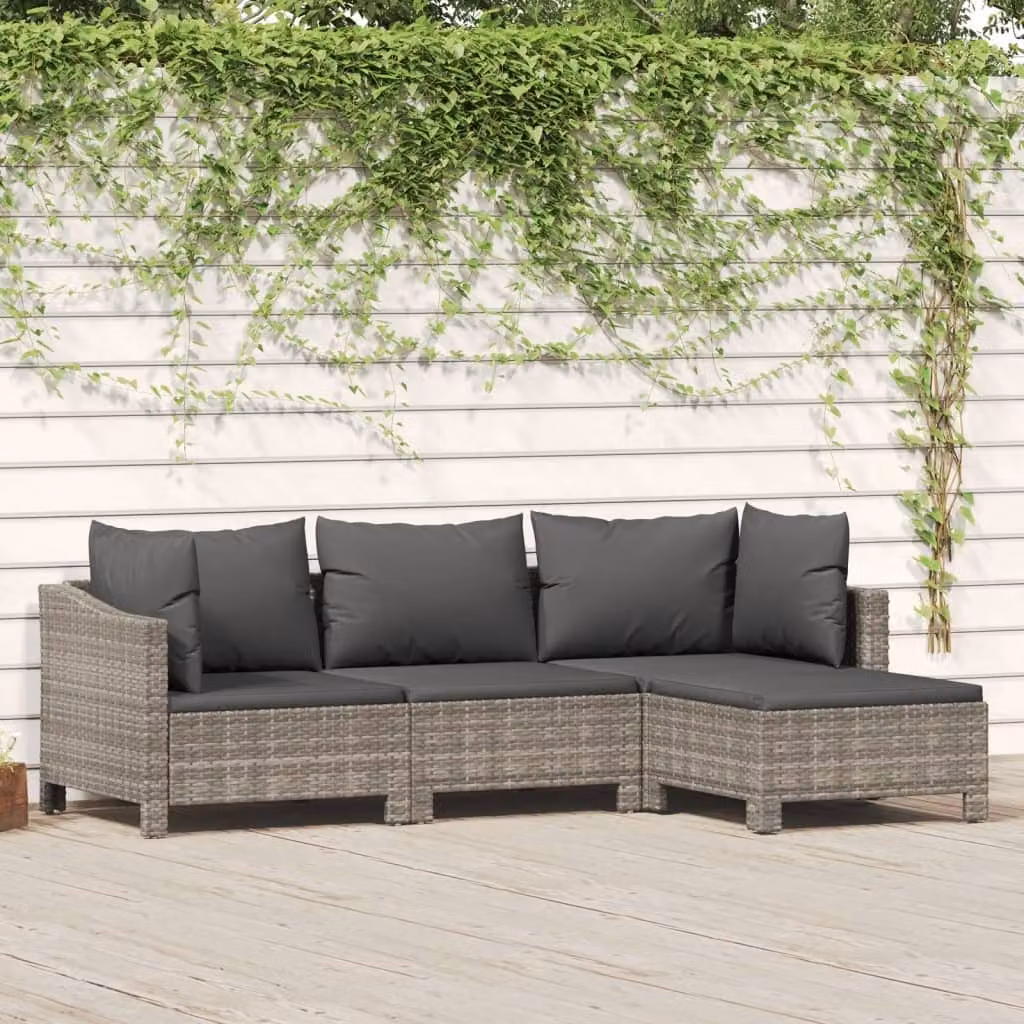 The Living Store Set salotto da giardino 4 pezzi con cuscini in poly rattan grigio