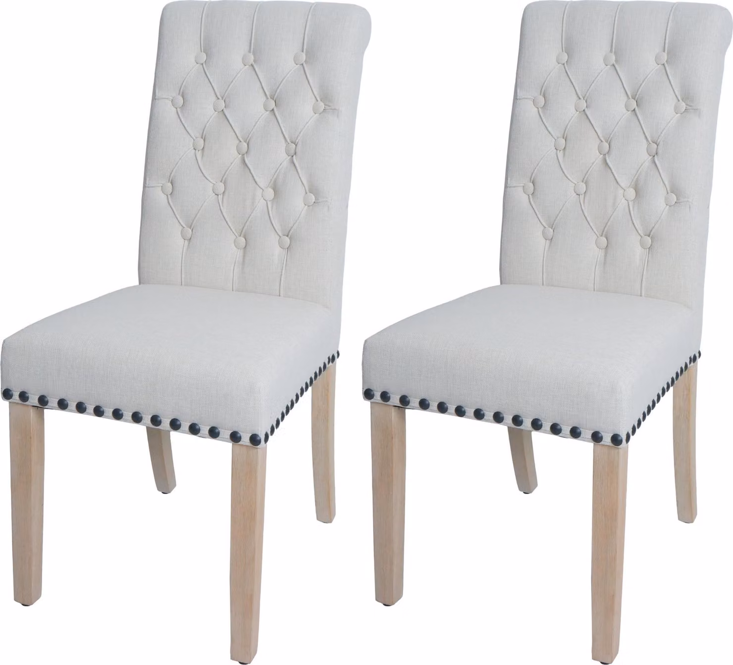 Set da 2 sedie da sala da pranzo MCWC-O66, sedia da cucina imbottita, stile Chesterfield con rivetti, tessuto/tessuto ~ bianco