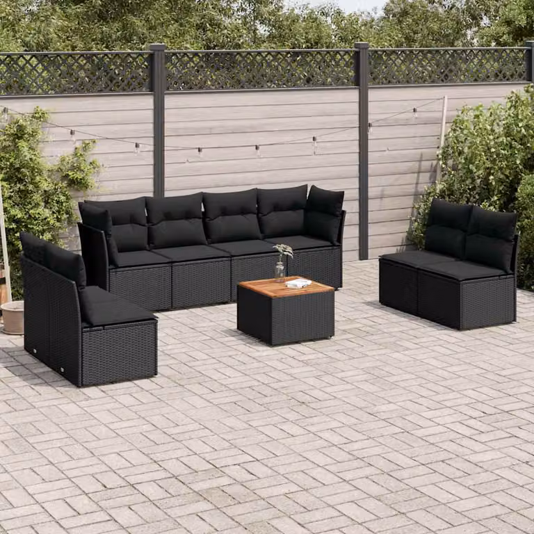 Set di divani da giardino vidaXL in polyrattan nero con cuscini e tavolino da esterno a forma di U