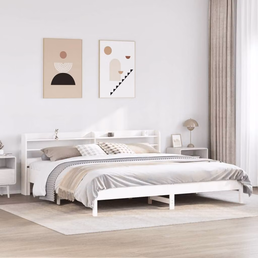 Letto in legno di pino massello bianco con ripiani laterali e doghe piatte vidaXL L/P/H: 218 x 190 x 82 cm – 1