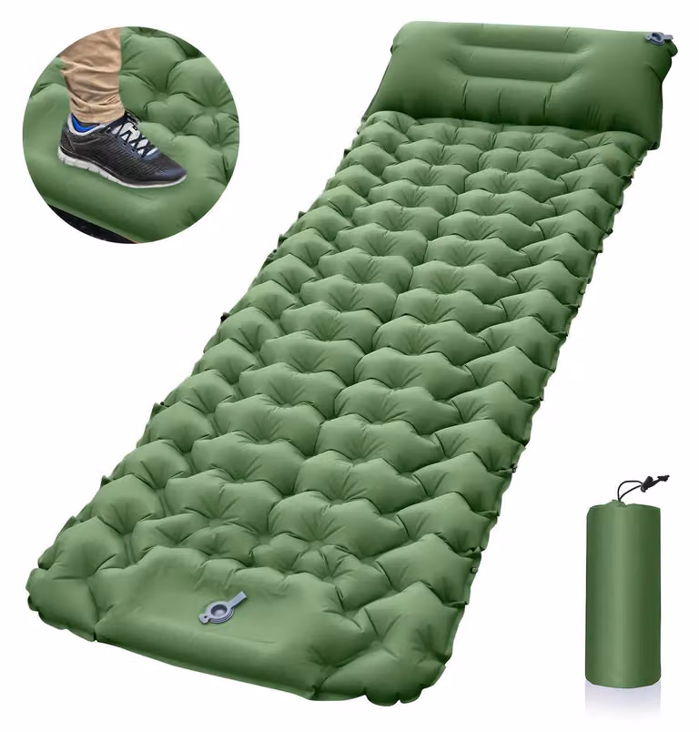 Materassino da campeggio, design compatto, pompa integrata, colore verde, dimensioni 193x68x8 cm